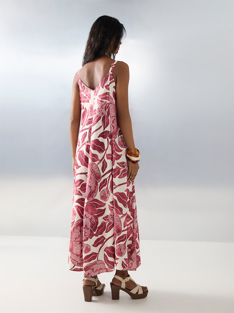 Bombay Paisley Red Botanical Printed Cotton A-Line Dress - Image 4