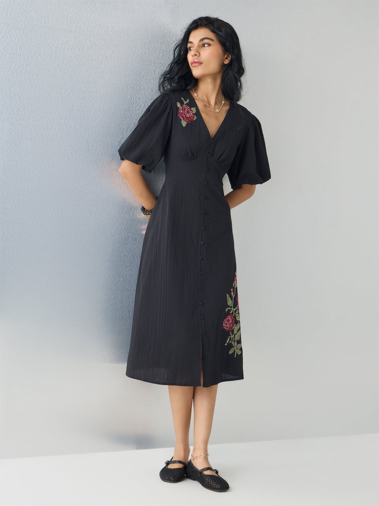 Bombay Paisley Black Embroidered Cotton A-Line Dress - Image 2