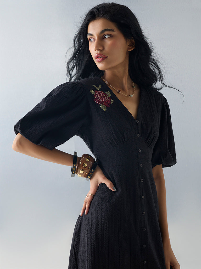 Bombay Paisley Black Embroidered Cotton A-Line Dress - Image 3