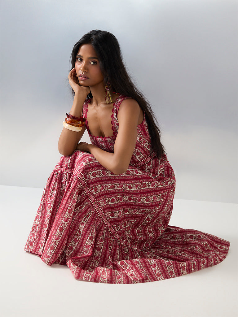 Bombay Paisley Red Floral Printed Cotton A-Line Dress - Image 2