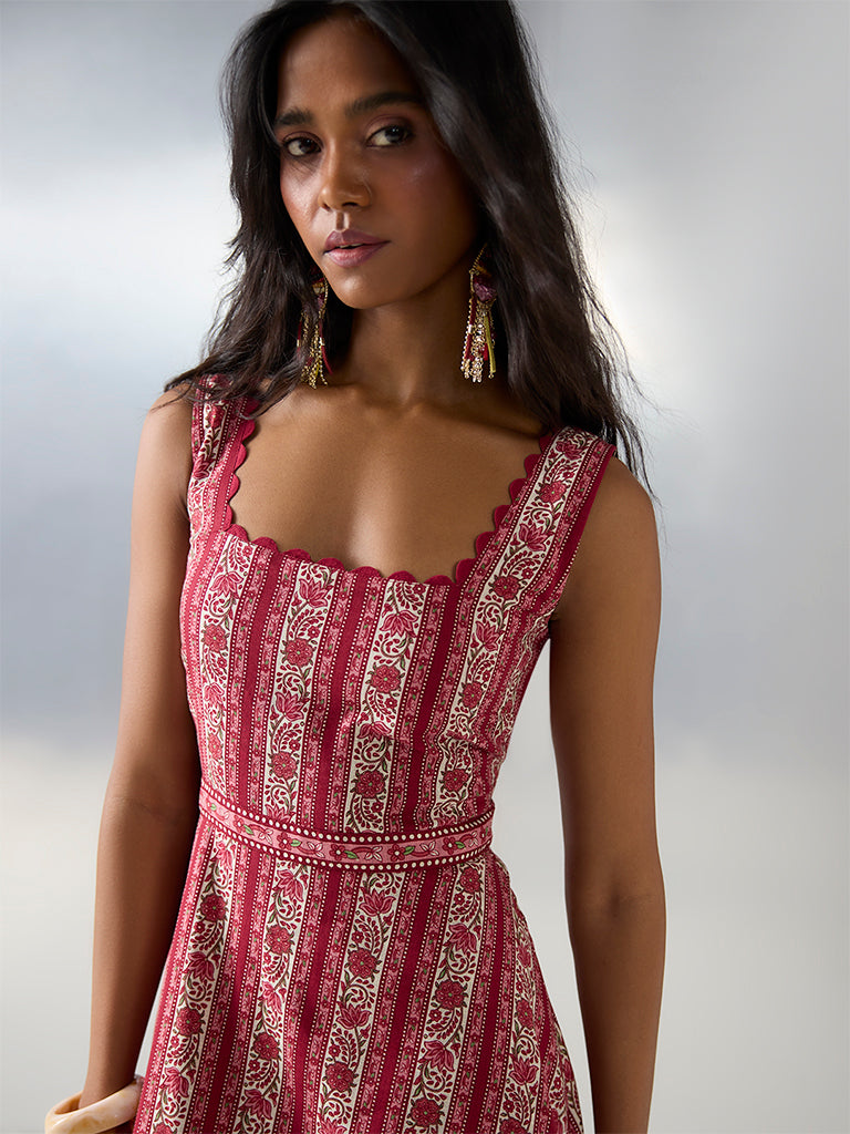 Bombay Paisley Red Floral Printed Cotton A-Line Dress - Image 3