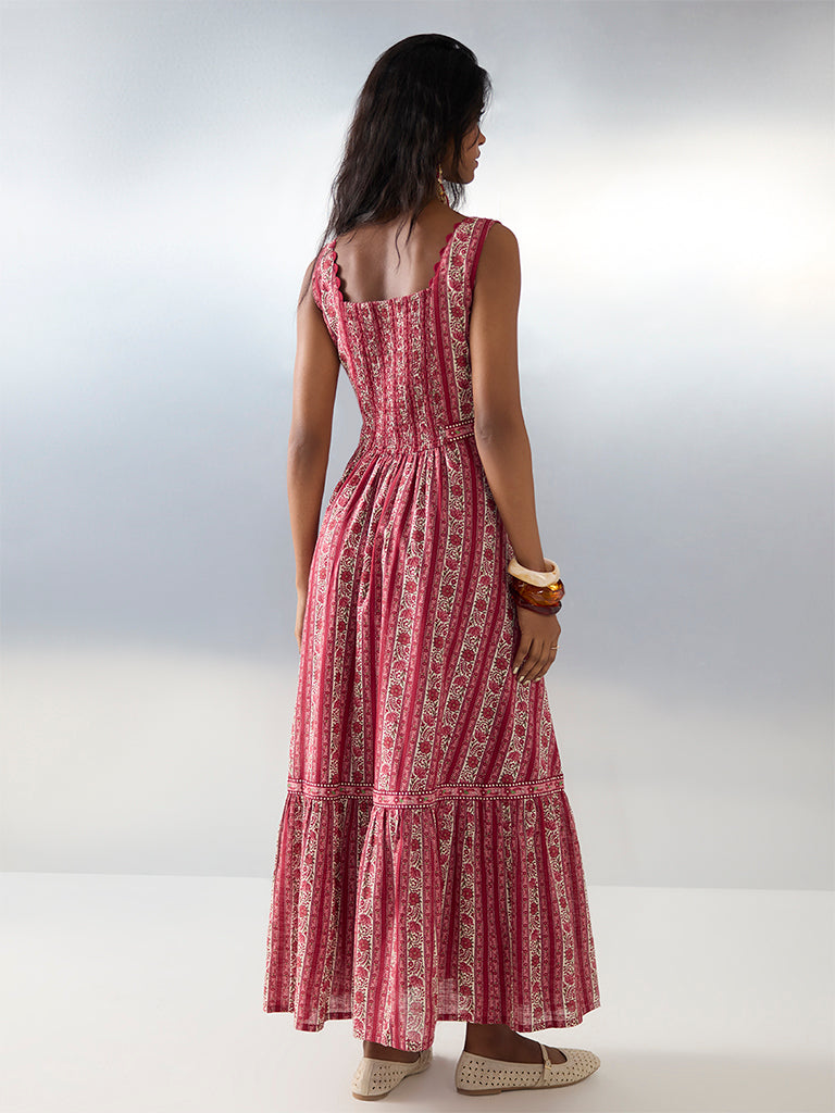 Bombay Paisley Red Floral Printed Cotton A-Line Dress - Image 4