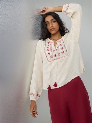 Bombay Paisley Off-White Embroidered Cotton Top