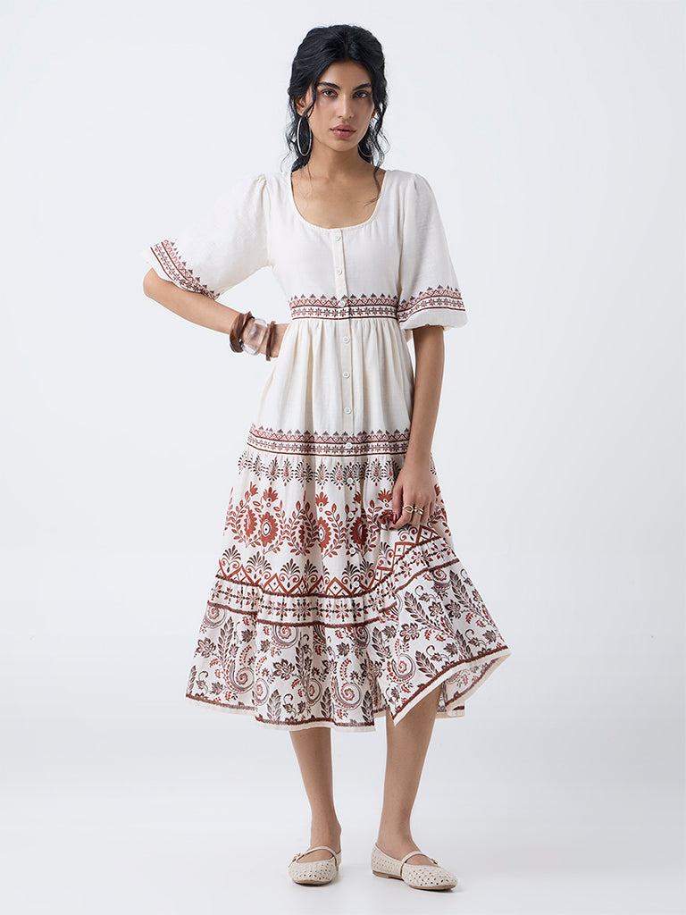 Bombay Paisley Off-White Printed Cotton A-Line Dress - Image 2