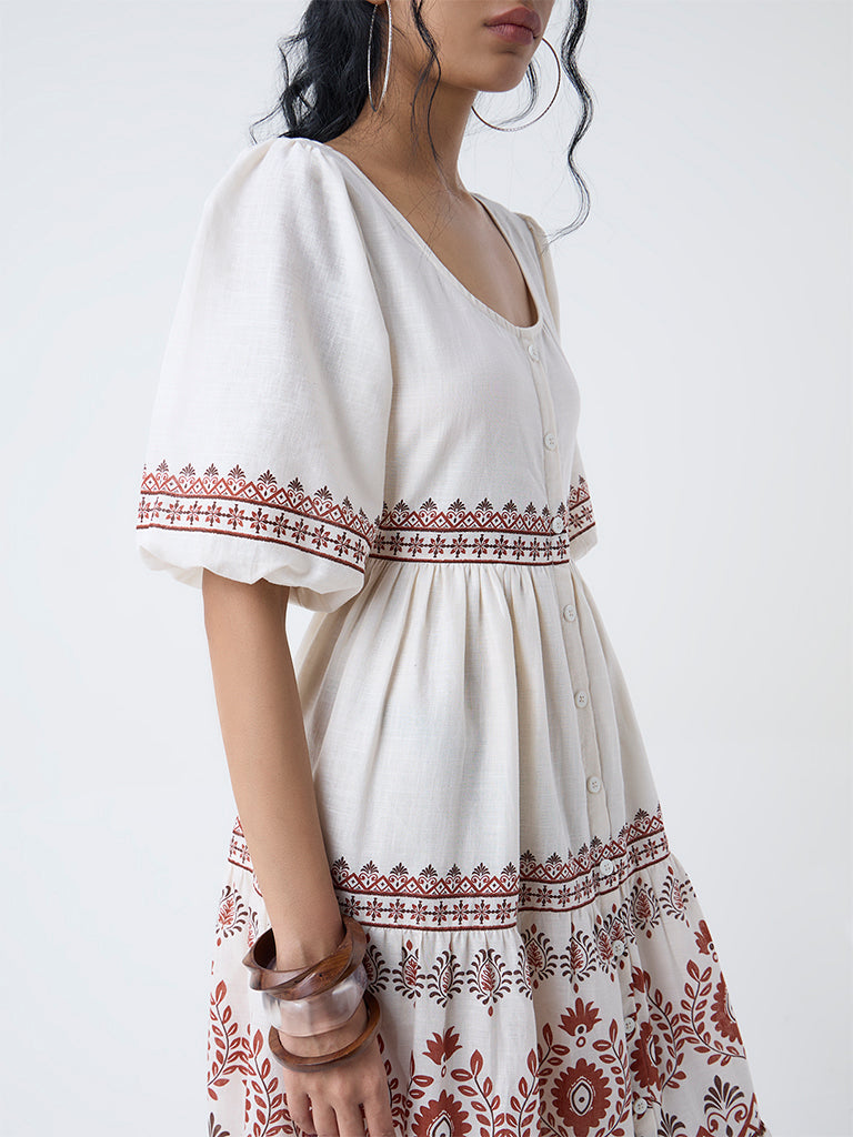 Bombay Paisley Off-White Printed Cotton A-Line Dress - Image 3