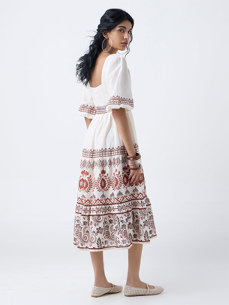 Bombay Paisley Off-White Printed Cotton A-Line Dress - Image 4