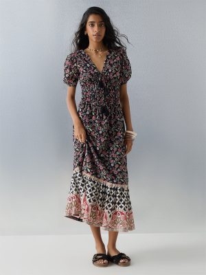 Bombay Paisley Black Floral Design Cotton Tiered Dress