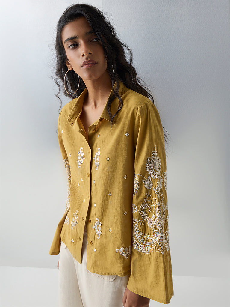 Bombay Paisley Mustard Embroidered Cotton Shirt - Image 2