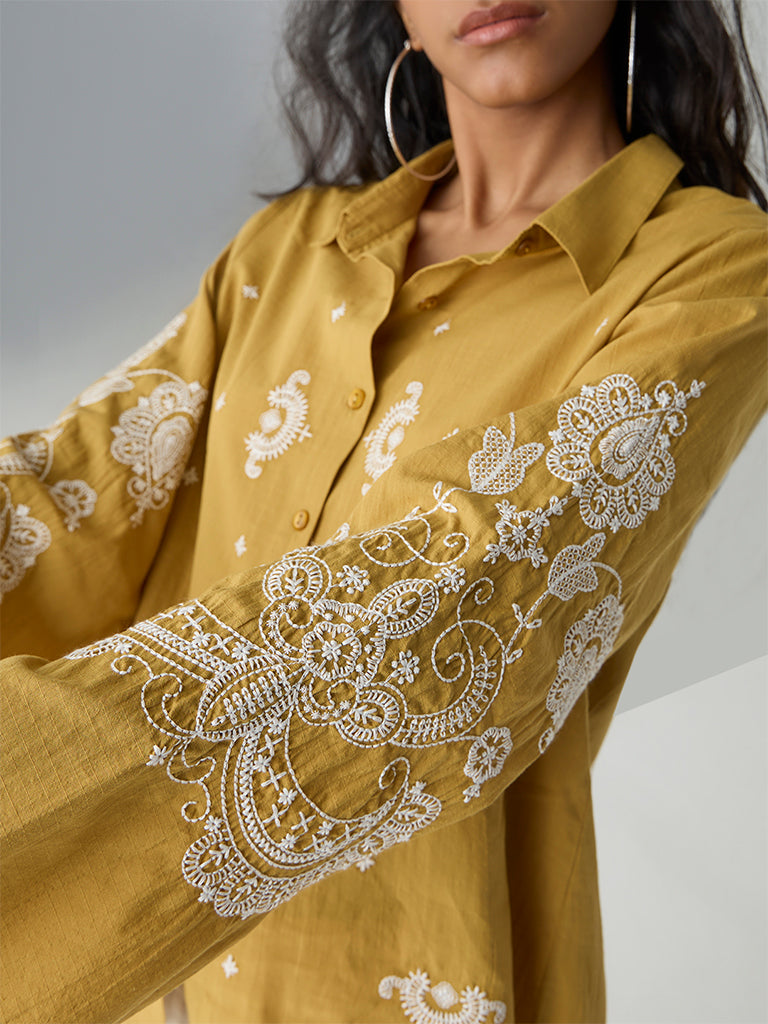 Bombay Paisley Mustard Embroidered Cotton Shirt - Image 3