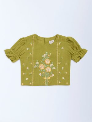 Utsa Kids Green Floral Embroidered Cotton-Blend Top - (2-8yrs)