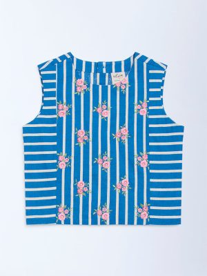 Utsa Kids Blue Floral Embroidered Cotton-Blend Top - (8-14yrs)