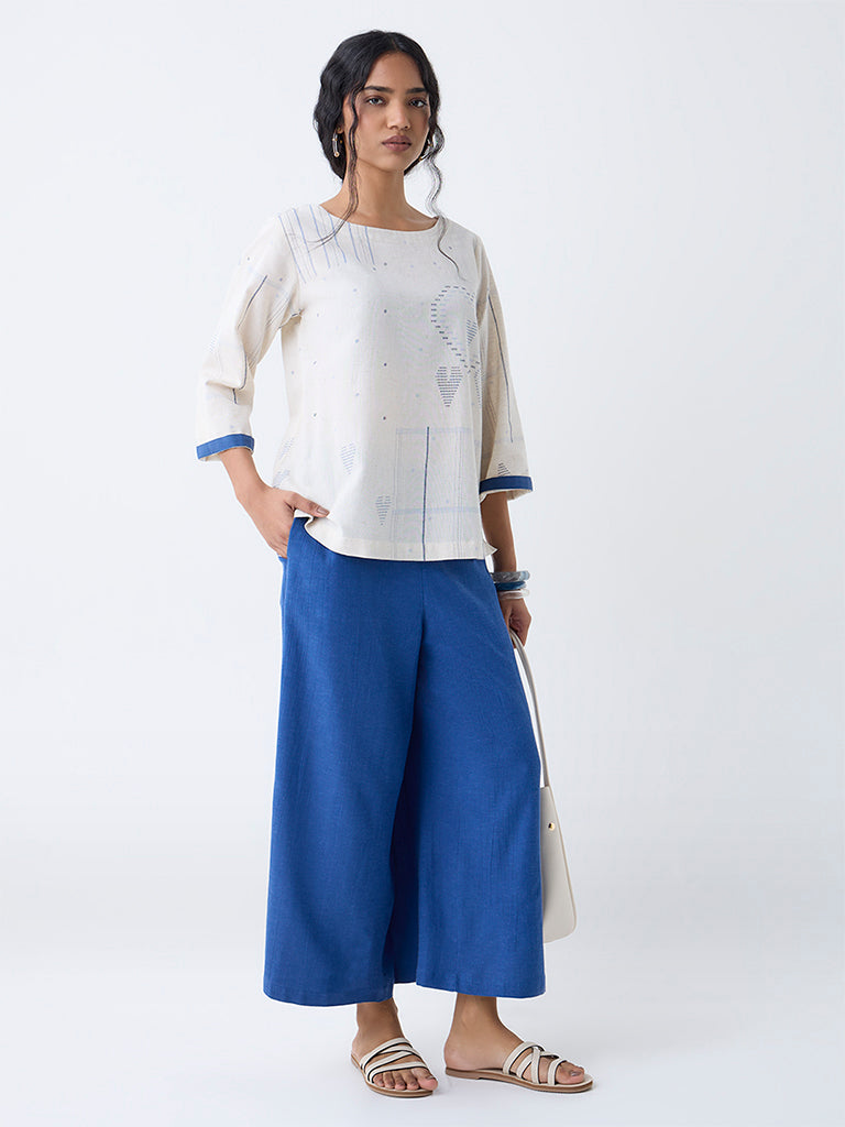 Utsa Off-White Printed Cotton-Blend Top