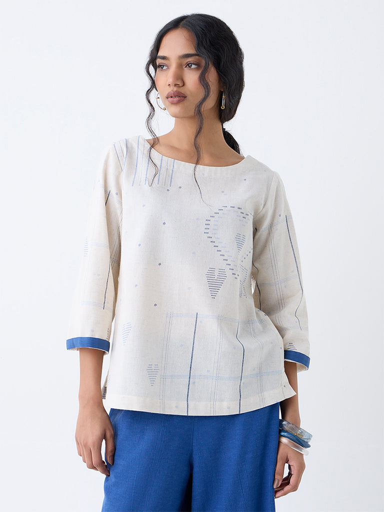 Utsa Off-White Printed Cotton-Blend Top - Image 2