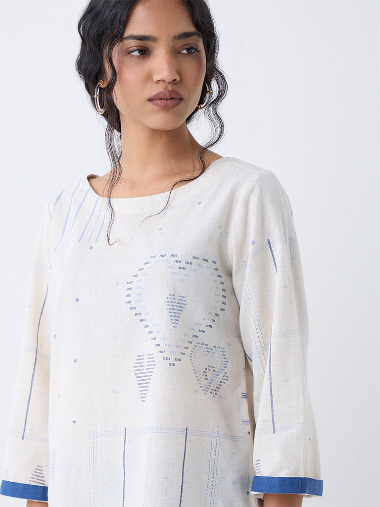 Utsa Off-White Printed Cotton-Blend Top - Image 3