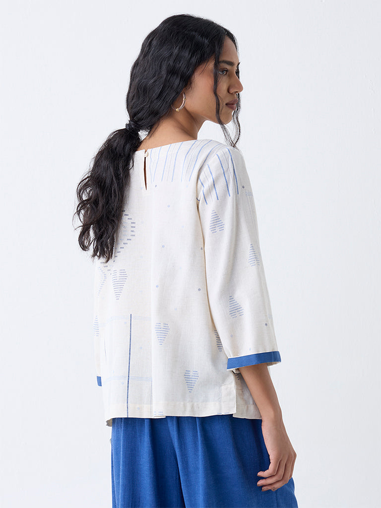 Utsa Off-White Printed Cotton-Blend Top - Image 4