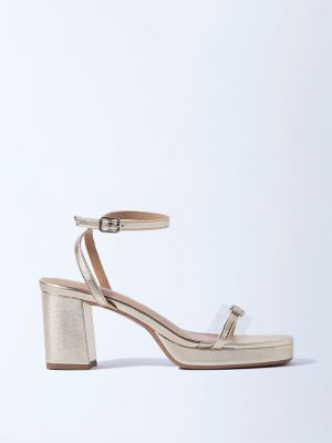 LUNA BLU Light Gold Buckle-Detailed Block-Heel Sandals