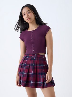 Nuon Plum Ribbed Cotton-Blend Top