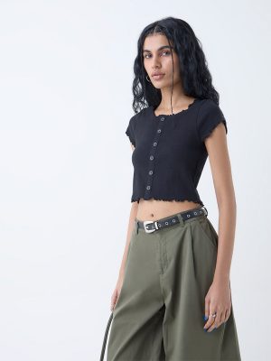 Nuon Black Ribbed-Textured Cotton-Blend Top