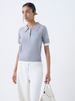 Wardrobe Grey Knitted Polo T-Shirt