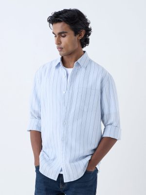 WES Casuals Light Blue Pinstriped Relaxed-Fit Cotton-Blend Shirt