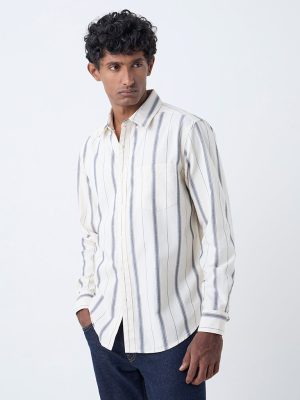 WES Casuals Off-White Striped Relaxed-Fit Cotton Shirt