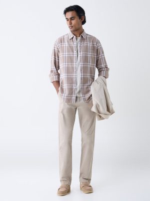 WES Casuals Taupe Checkered Relaxed-Fit Cotton Shirt