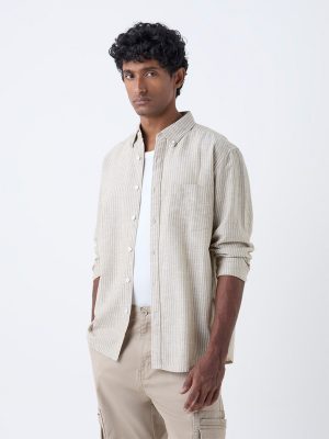 WES Casuals Beige Striped Relaxed-Fit Cotton-Blend Shirt