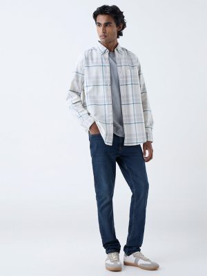 WES Casuals Teal Checkered Relaxed-Fit Cotton Shirt