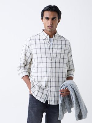 WES Casuals White Checks Printed Relaxed-Fit Cotton Shirt