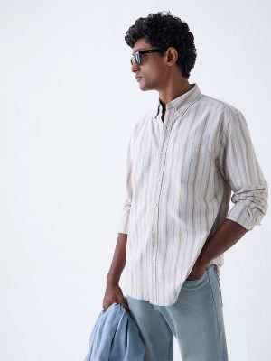 WES Casuals Beige Striped Relaxed-Fit Cotton Shirt