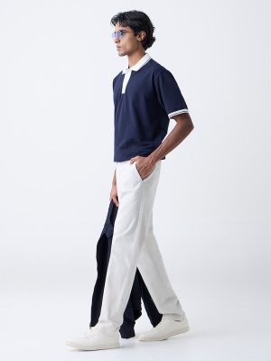 WES Casuals Navy Self Relaxed-Fit Cotton-Blend Polo T-Shirt