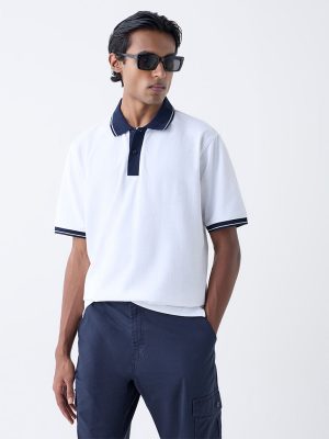 WES Casuals White Self Relaxed-Fit Cotton-Blend Polo T-Shirt
