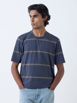 WES Casuals Charcoal Striped Relaxed-Fit Cotton T-Shirt