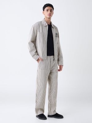 Nuon Beige Striped Relaxed-Fit Cotton Jacket