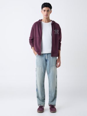 Nuon Wine Text-Embroidered Relaxed-Fit Cotton Hoodie