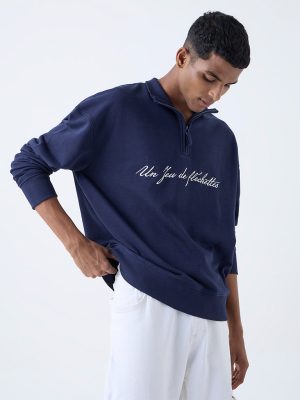 Nuon Navy Relaxed-Fit Cotton-Blend Quarter-Zip Sweatshirt