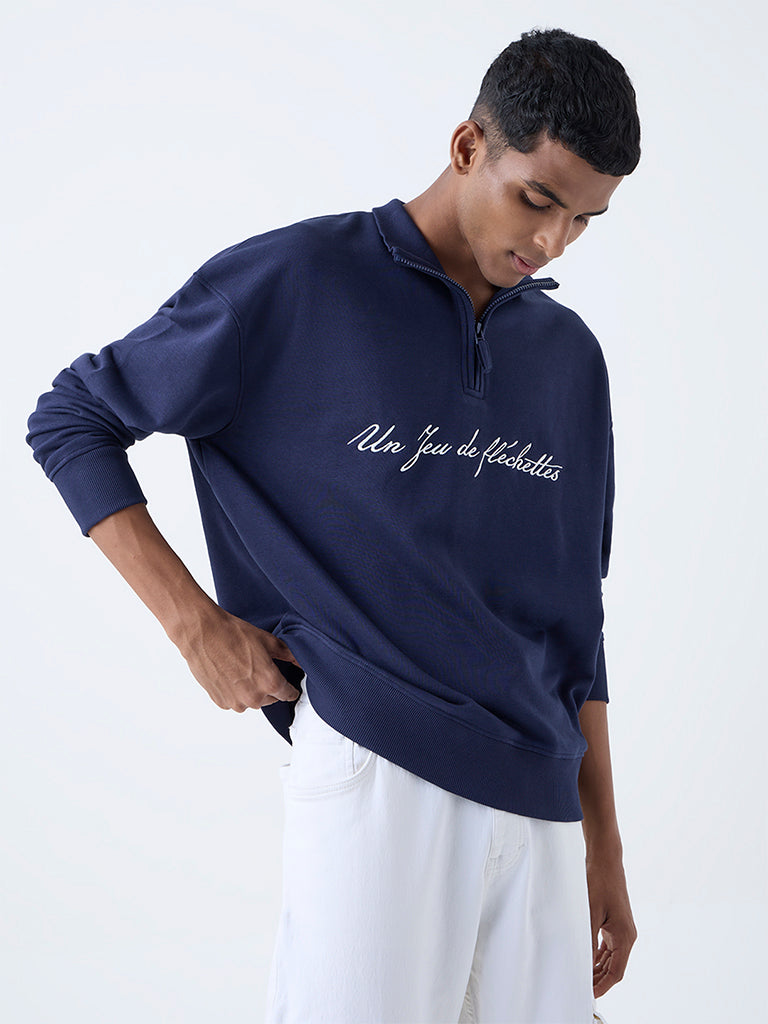 Nuon Navy Relaxed-Fit Cotton-Blend Quarter-Zip Sweatshirt