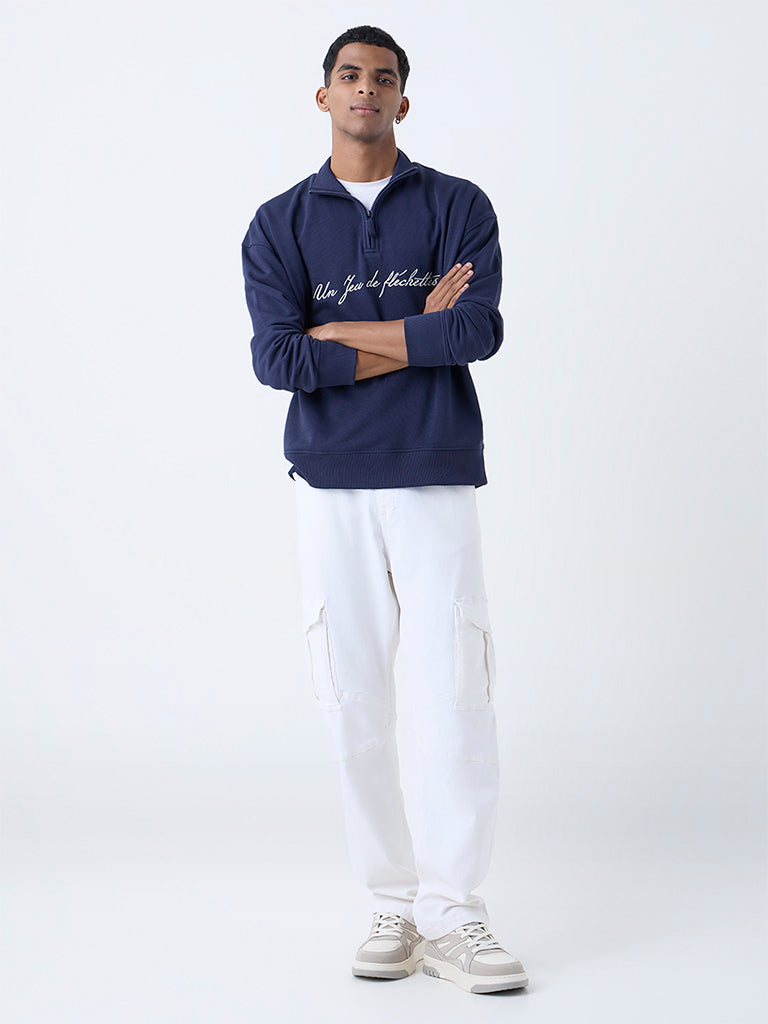 Nuon Navy Relaxed-Fit Cotton-Blend Quarter-Zip Sweatshirt - Image 2