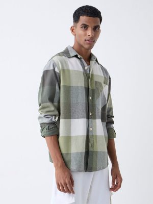 Nuon Light Olive Checkered Relaxed Fit Cotton Shirt