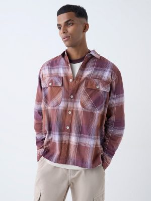 Nuon Purple Checkered Relaxed Fit Cotton Shirt