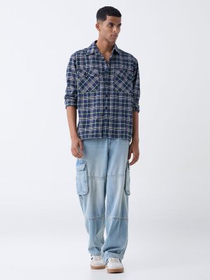 Nuon Navy Checkered Relaxed-Fit Cotton Shirt