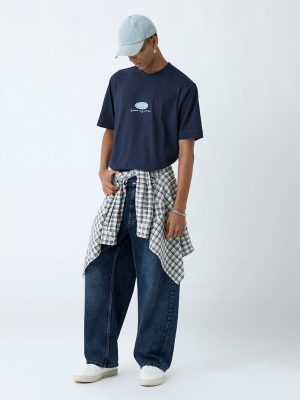 Nuon Navy Text Design Relaxed-Fit Cotton T-Shirt