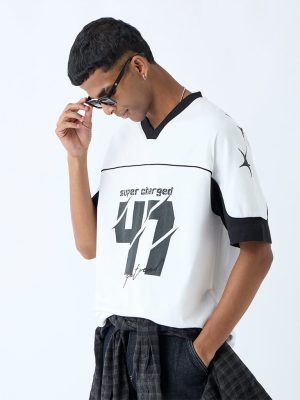 Nuon White Printed Relaxed-Fit Cotton T-Shirt