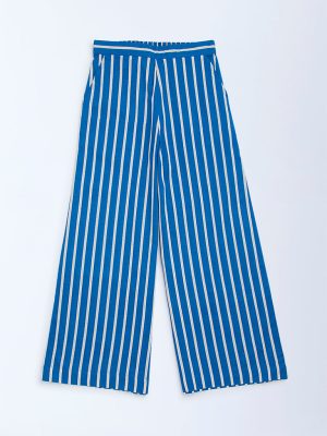 Utsa Kids Blue Striped Cotton-Blend Pants - (8-14yrs)