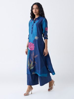 Utsa Indigo Floral Printed A-Line Kurta
