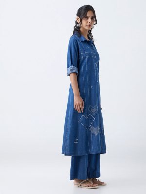 Utsa Blue Embroidered A-Line Denim Kurta