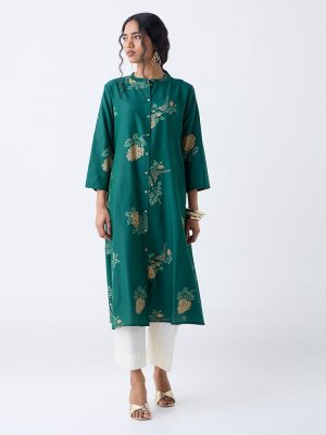 Utsa Green Boota Floral Design A-Line Kurta