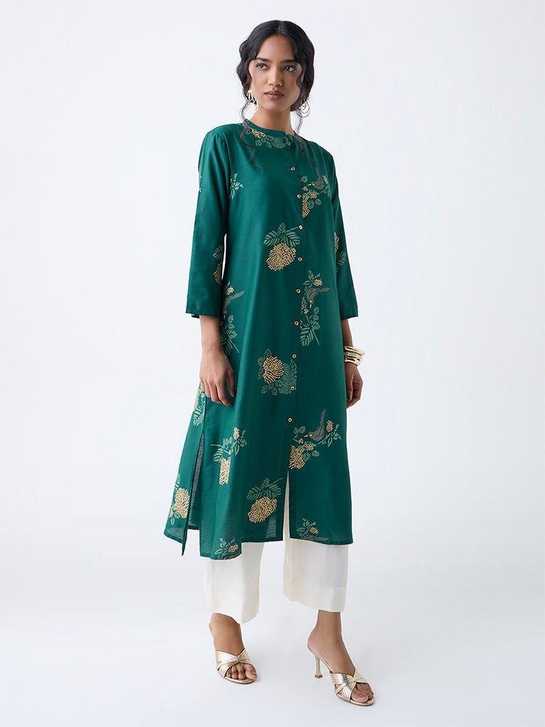 Utsa Green Boota Floral Design A-Line Kurta - Image 2