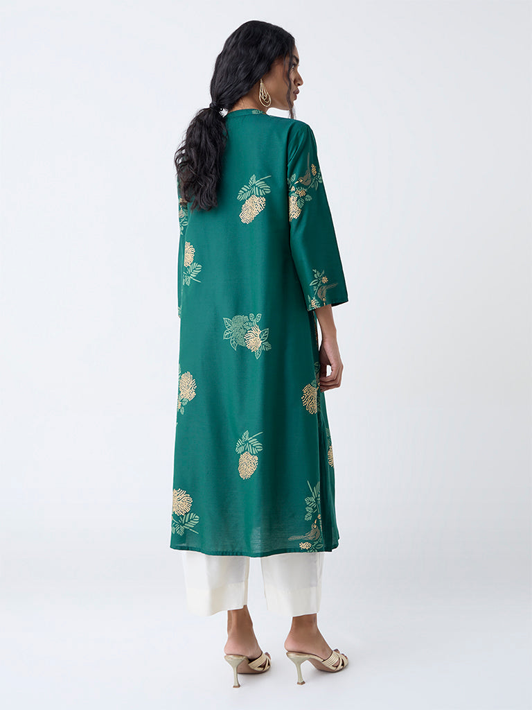 Utsa Green Boota Floral Design A-Line Kurta - Image 4