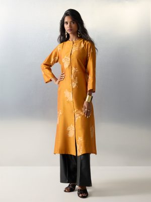 Utsa Mustard Botanical Printed A-Line Kurta